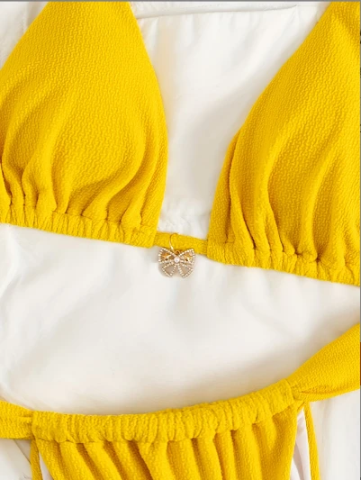 Bright Yellow Crinkle Textured Bikini Set Triangle Cups Adjustable Shoulder Straps High Cut Stretch Fabric Quick-Dry Breathable best Bright Yellow Crinkle Textured Bikini Set Triangle Cups Adjustable Shoulder Straps High Cut Stretch Fabric Quick-Dry Breathable best
