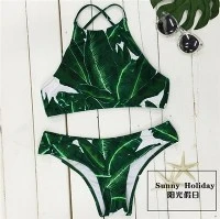 Ohlávka s potlačou tropických banánových listov Bikiniová súprava krížom cez chrbát s vysokým výstrihom-Rýchlo strečové plavky-Suchá priedušná látka